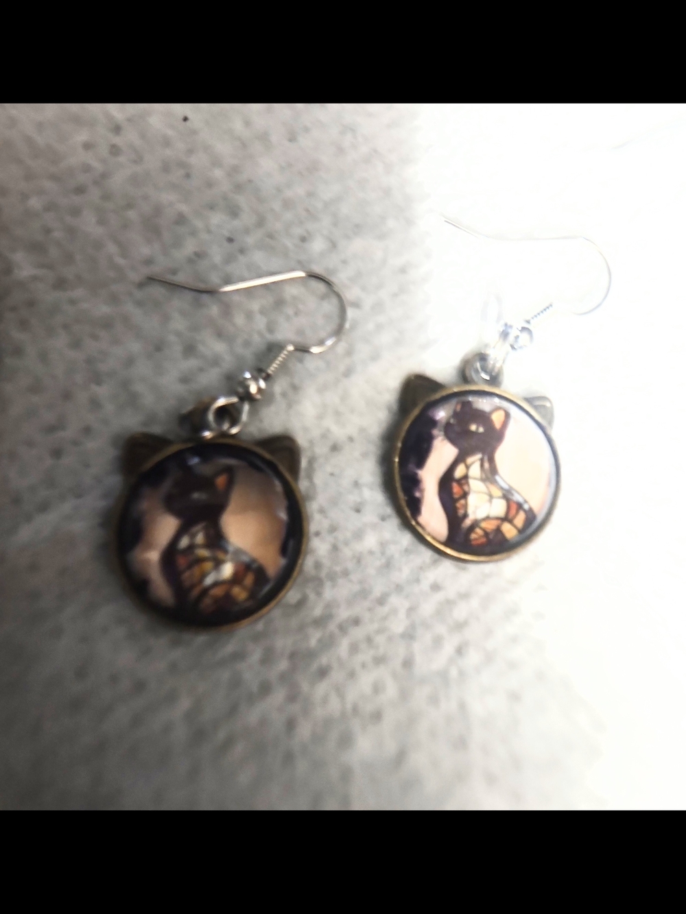 Stained Glass Cat Drop Earrings - Black & Tan